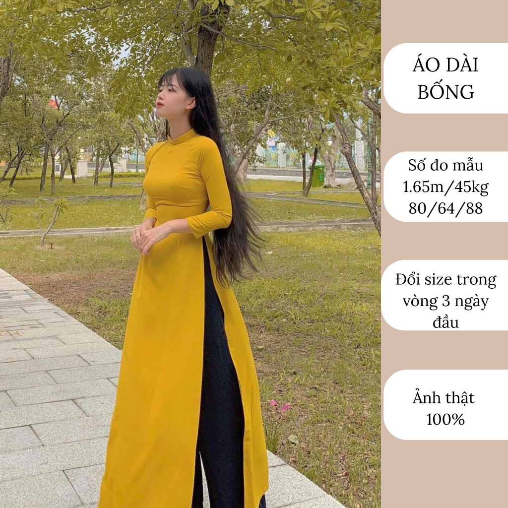 Áo dài truyền thống màu vàng lụa mỹ may sẵn