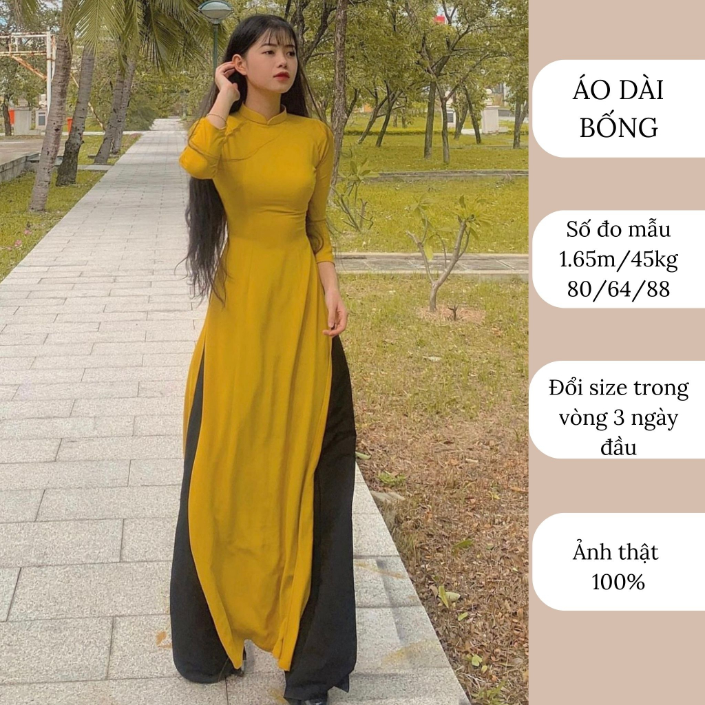Áo dài truyền thống màu vàng lụa mỹ may sẵn