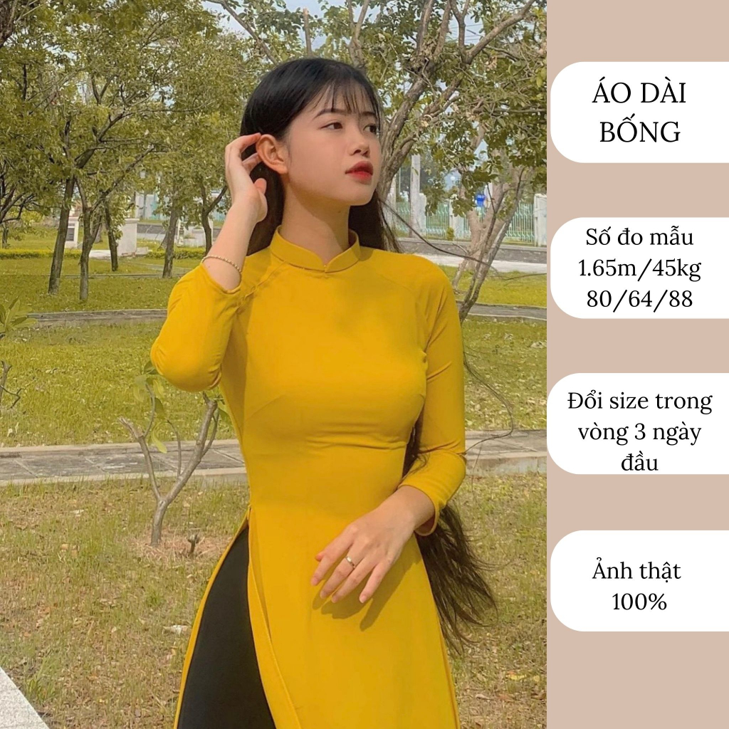 Áo dài truyền thống màu vàng lụa mỹ may sẵn