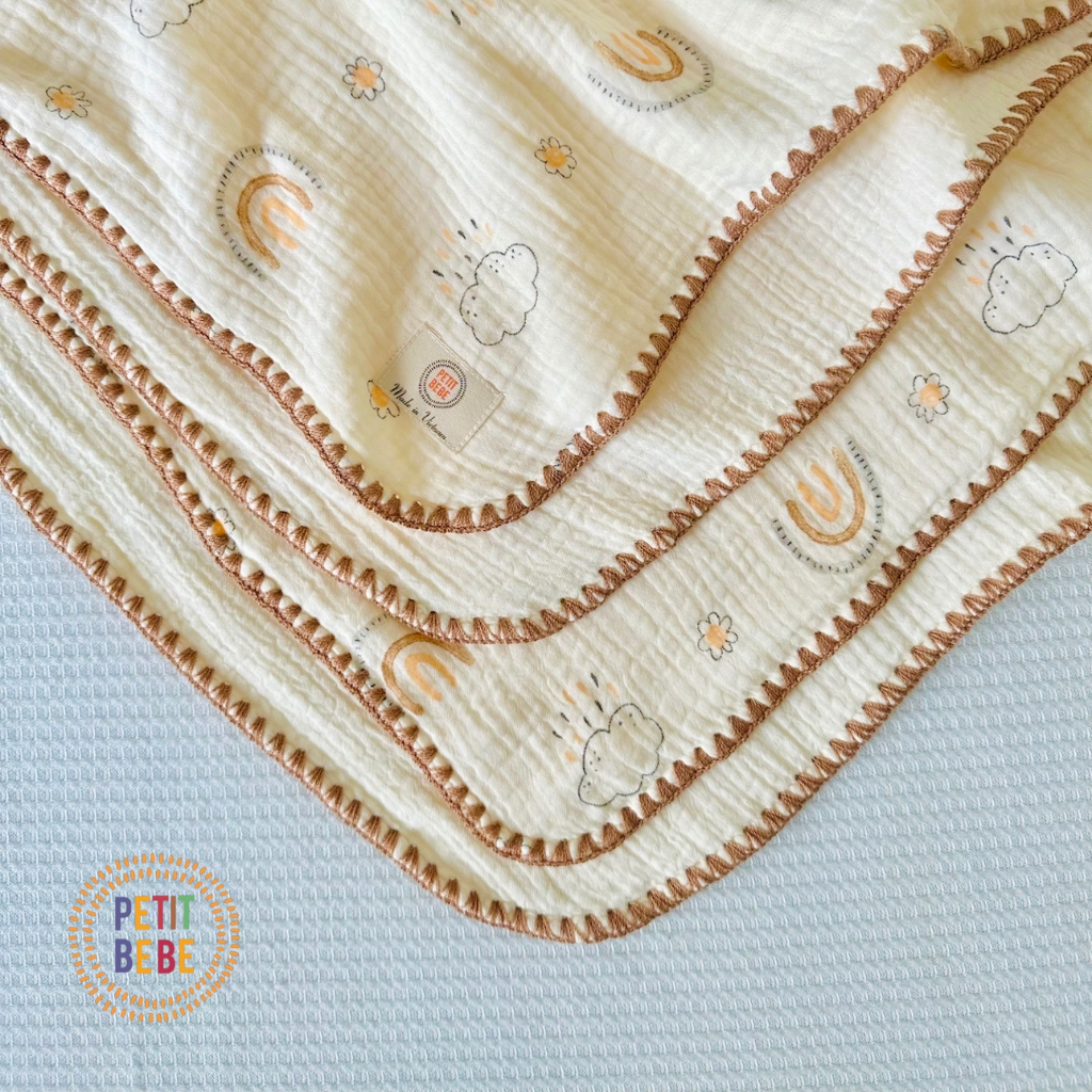 Chăn đa năng viền thủ công cho bé PETIT BEBE muslin thấm hút thoáng khí họa tiết thiên nhiên