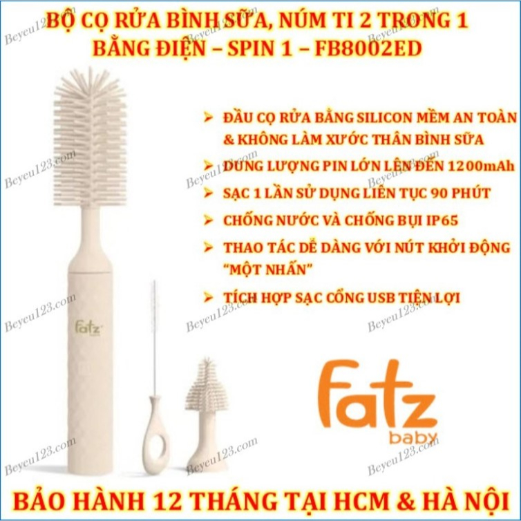 Bộ Cọ Bình Sữa Núm Ti 2 Trong 1 Bằng Điện Fatzbaby Spin 1 - Fatz FB8002ED (DUNG LƯỢNG PIN ĐẾN 1200mAh, CHỐNG NƯỚC IP65)