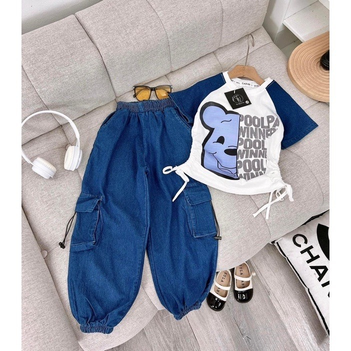 10-30kg Sét ÁO GẤU RÚT EO +QUẦN JEAN  cho  Bé Gái siêu cute