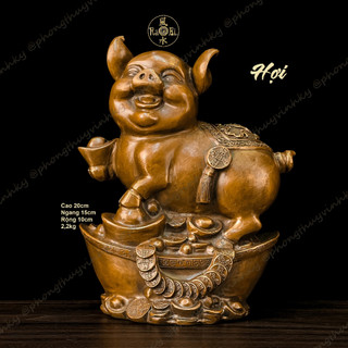 Heo chữ Tài ngồi cục Vàng - Tam Hạp Mẹo Mùi Hợi - Tượng Đồng Phong Thủy