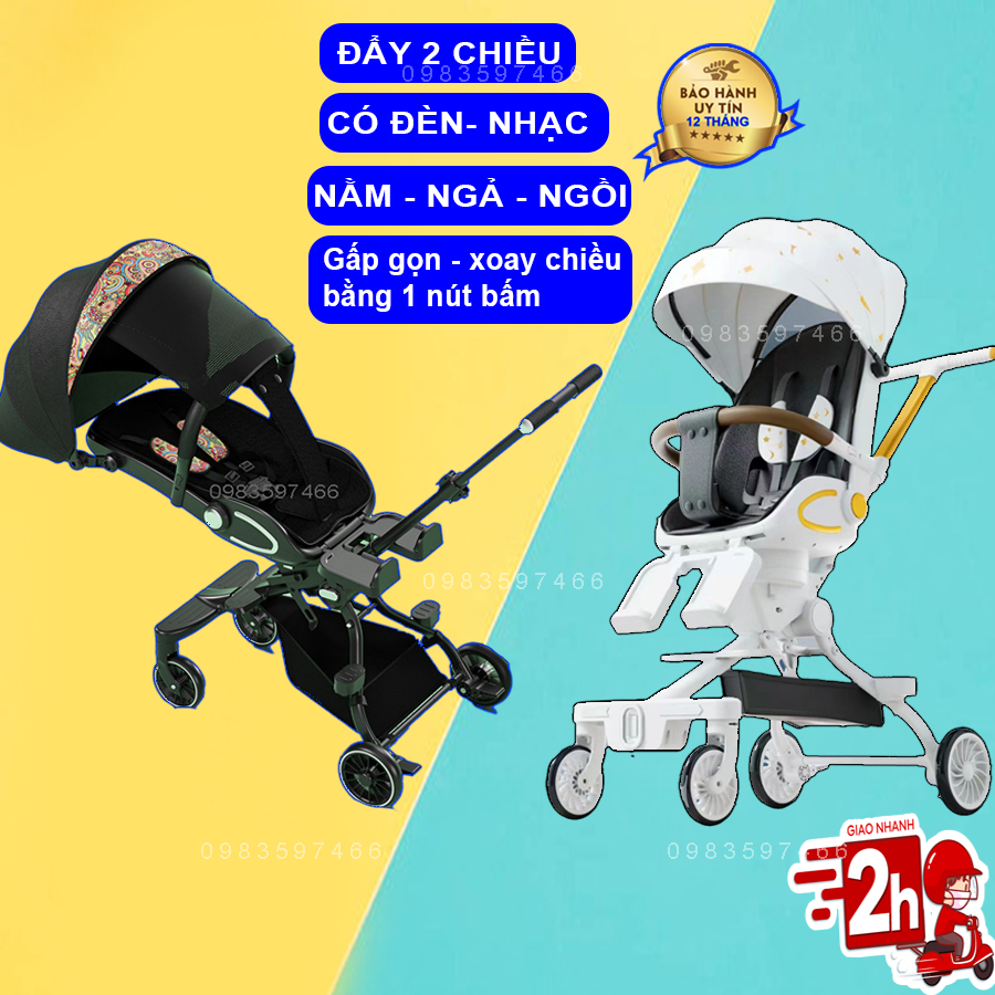 Xe đẩy GẤP GỌN M2 cao cấp, xe đẩy du lịch cho bé, 3 tư thế, 2 chiều, bảo hành 1 năm