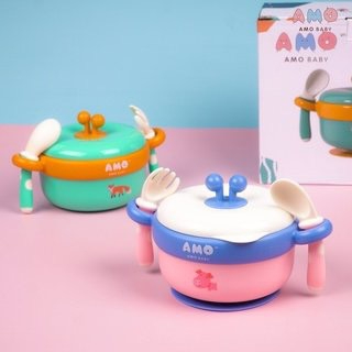 Bát ăn dặm cho bé AMOBABY585, chén ăn dặm giữ nhiệt có đế chống đổ an toàn, tiện lợi