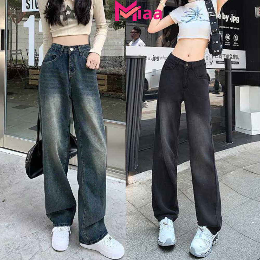 Quần jean nữ ống suông rộng MIAA cạp cao ôm eo màu RETRO quần bò jeans dáng dài ống rộng phong cách Ulzzang 2023