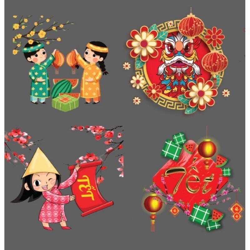 Hình ủi ép nhiệt, in áo. Mẫu TẾT T1 in áo dài, váy, yếm cho trẻ em