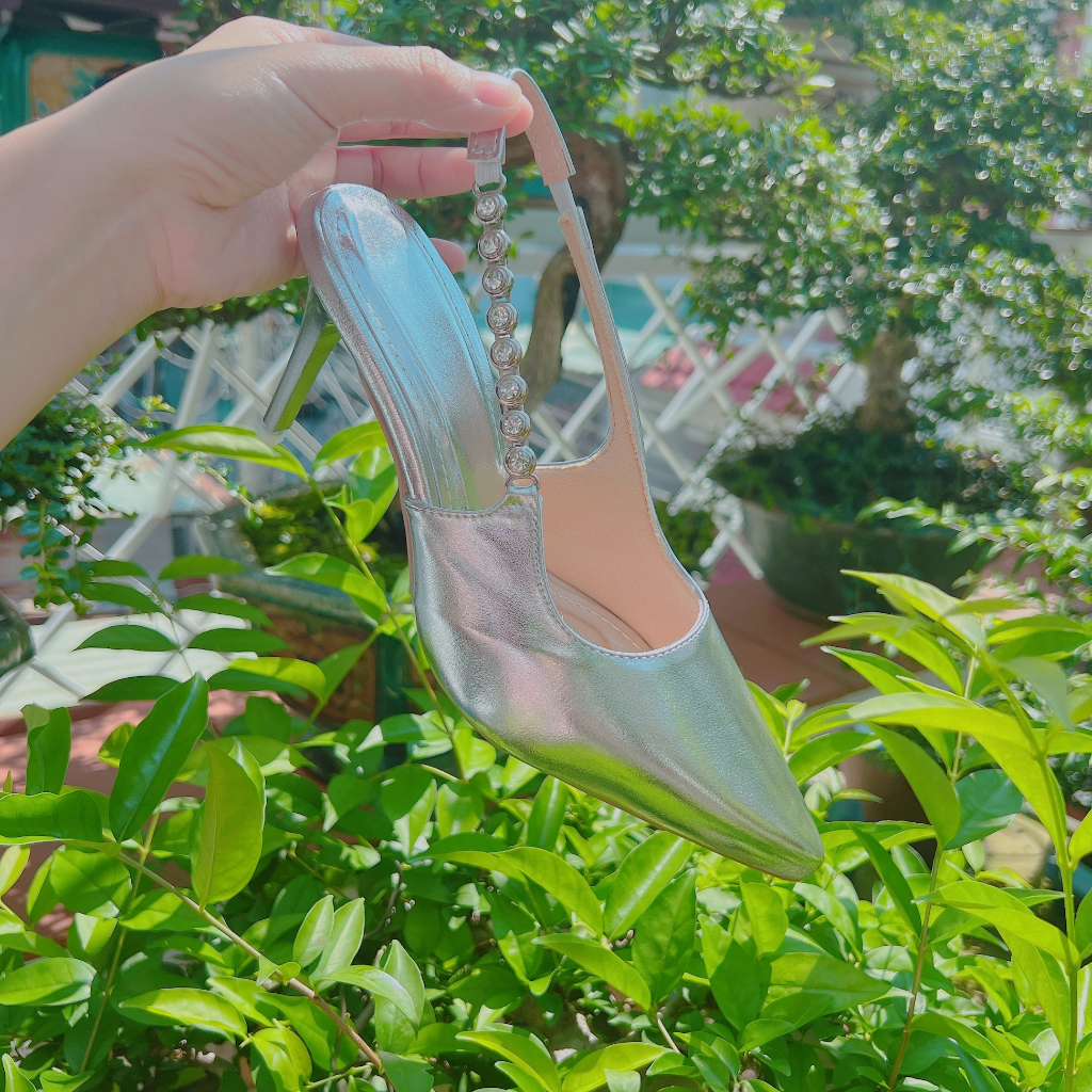 Giày nữ khóa đá hở gót si nhũ cực mềm cao 8cm - B89