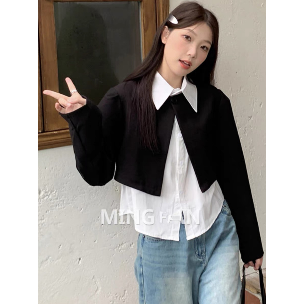 Sơ mi nữ phối blazer dài tay, blazer dáng croptop tay dài thiết kế 1 cúc phối sơ mi cổ bẻ sang chảnh huyenstore.23