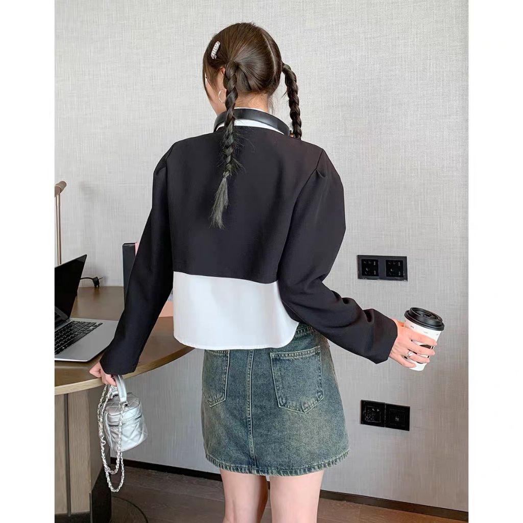 Sơ mi nữ phối blazer dài tay, blazer dáng croptop tay dài thiết kế 1 cúc phối sơ mi cổ bẻ sang chảnh huyenstore.23