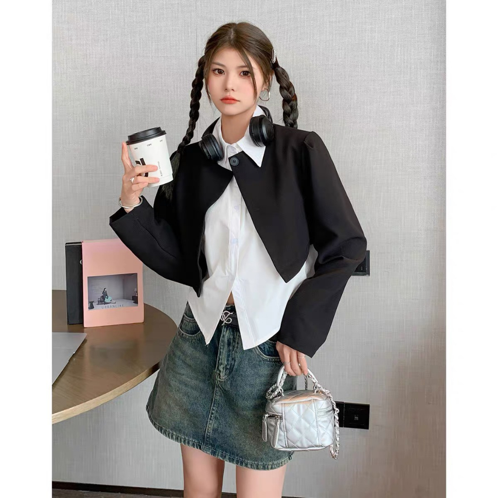 Sơ mi nữ phối blazer dài tay, blazer dáng croptop tay dài thiết kế 1 cúc phối sơ mi cổ bẻ sang chảnh huyenstore.23