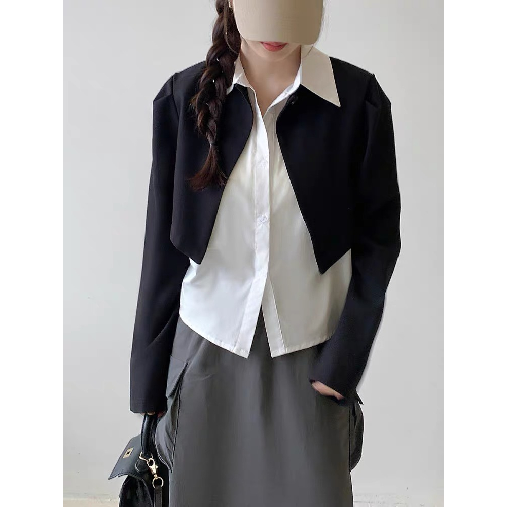 Sơ mi nữ phối blazer dài tay, blazer dáng croptop tay dài thiết kế 1 cúc phối sơ mi cổ bẻ sang chảnh huyenstore.23