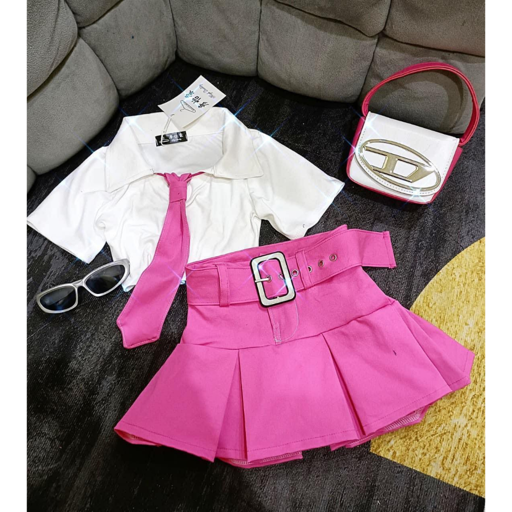 Set Áo Cổ Bẻ Kèm Chân Váy + Cà Vạt Cực Đáng Yêu - Áo Chất Cotton, Chân Váy Kaki Cao Cấp Cho Bé