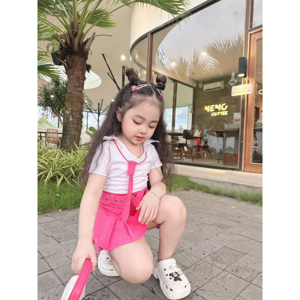 Set Áo Cổ Bẻ Kèm Chân Váy + Cà Vạt Cực Đáng Yêu - Áo Chất Cotton, Chân Váy Kaki Cao Cấp Cho Bé