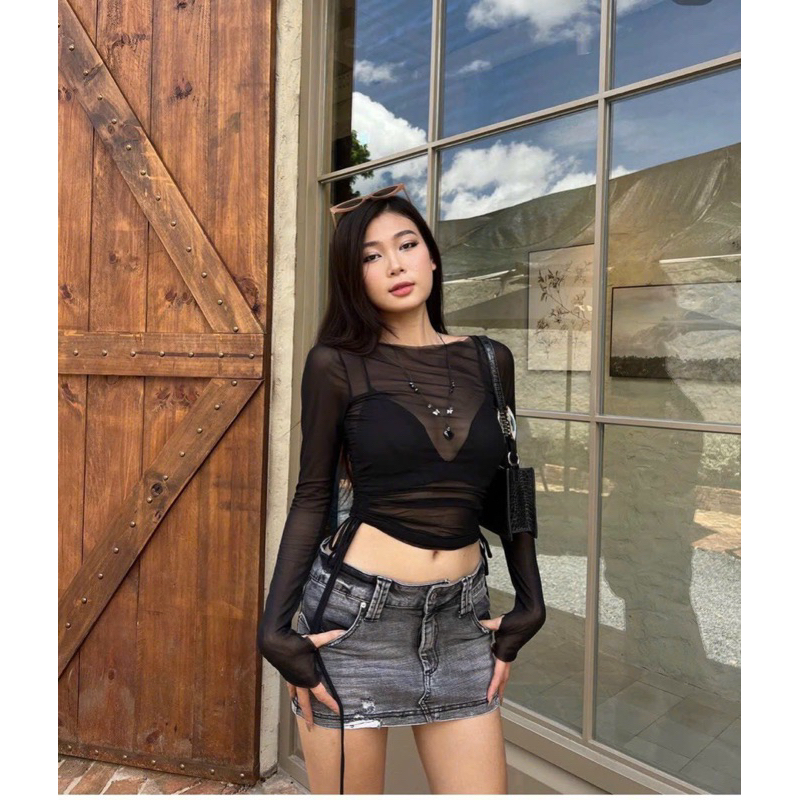 Áo Thun Lưới Tay Dài Kèm Bra Trong Rút Dây A308