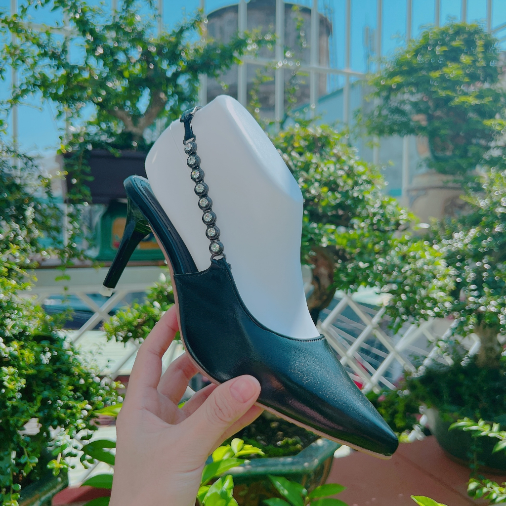 Giày nữ khóa đá hở gót si nhũ cực mềm cao 8cm - B89
