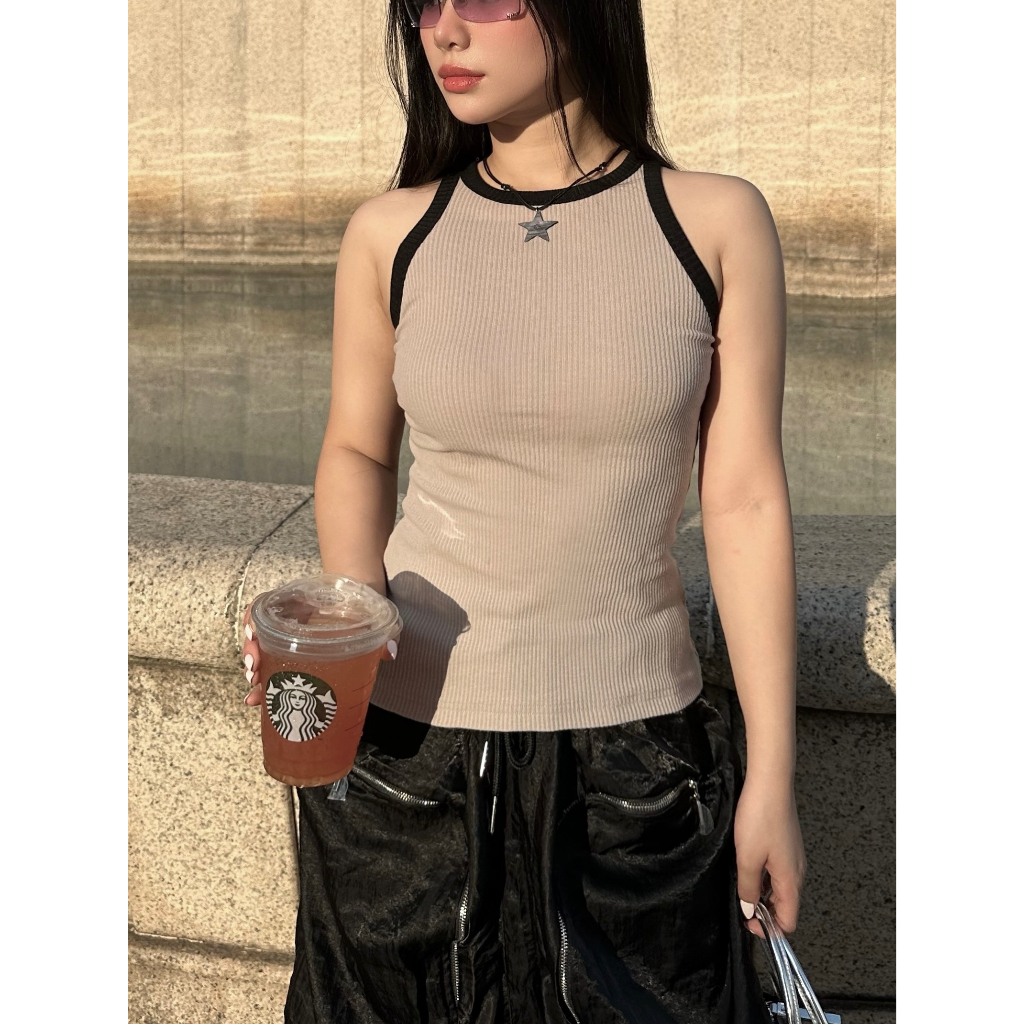 Áo ba lỗ nâu thun gân sợi to form tank viền màu đen - là min - CONTRAST TRIM TANK TOP