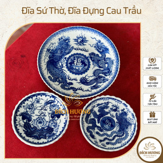 Đĩa sứ thờ, đĩa đựng cau trầu loại đẹp gốm men lam bát tràng cao cấp