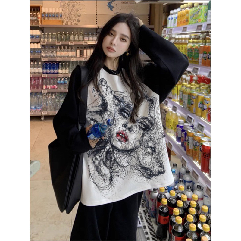 Áo Thun Tay Dài Thu Đông Raglan In 5D Hình Cô Gái Nam Nữ Unsiex Cotton Da Cá Basic