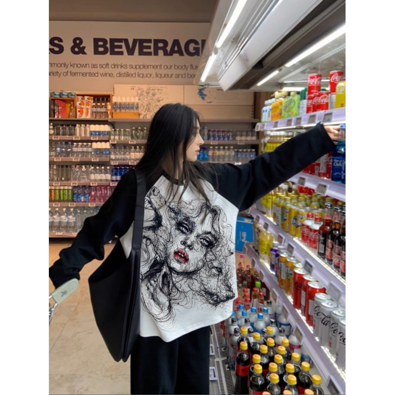 Áo Thun Tay Dài Thu Đông Raglan In 5D Hình Cô Gái Nam Nữ Unsiex Cotton Da Cá Basic