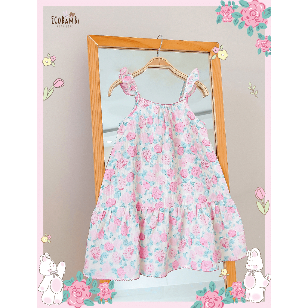 Đầm xoè xô Muslin 2 dây phối cánh tiên in hoạ tiết xinh xắn cho bé gái - BB-23DAMBG034
