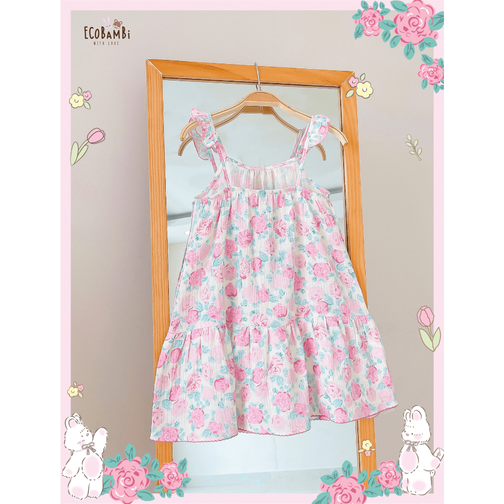 Đầm xoè xô Muslin 2 dây phối cánh tiên in hoạ tiết xinh xắn cho bé gái - BB-23DAMBG034