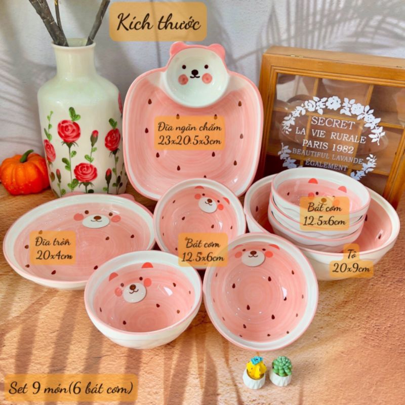 ❤️Tách lẻ bộ bát đĩa sứ gấu hồng❤️