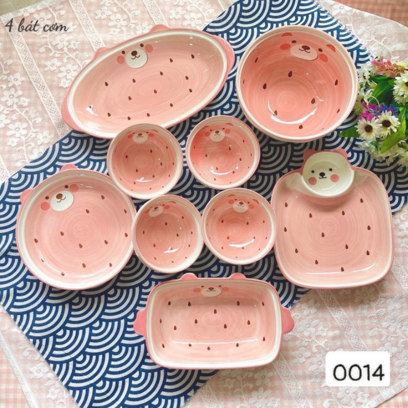 ❤️Tách lẻ bộ bát đĩa sứ gấu hồng❤️