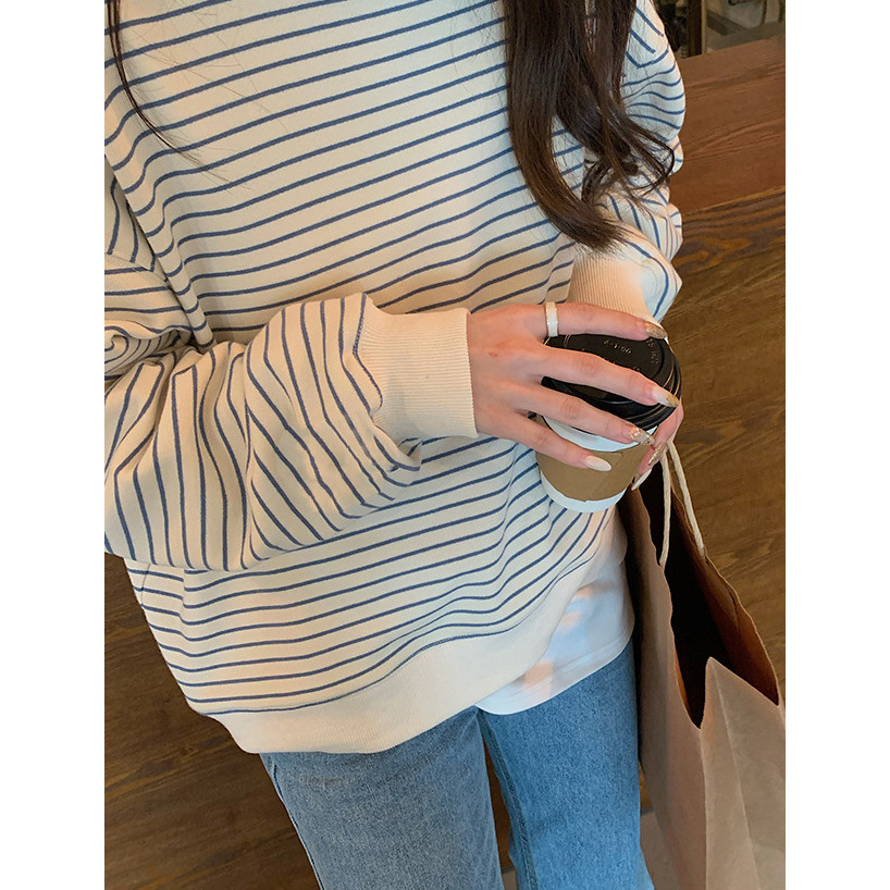 Áo SWT dài tay kẻ ngang unisex nam nữ đều mặc được, áo phông quốc dân Hàn Quốc ulzzang dày ấm vào thu đông 1STCLOTHES