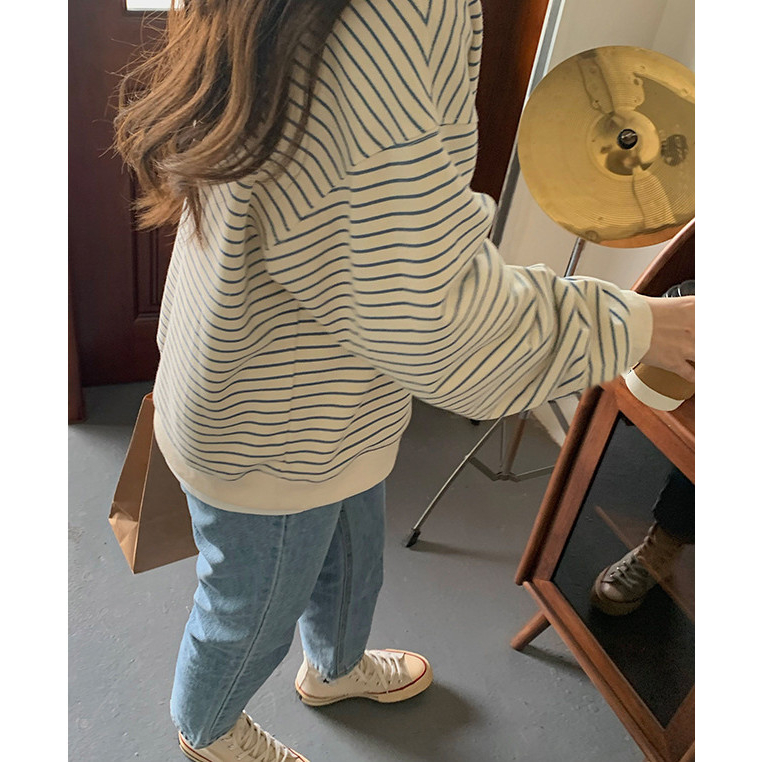 Áo SWT dài tay kẻ ngang unisex nam nữ đều mặc được, áo phông quốc dân Hàn Quốc ulzzang dày ấm vào thu đông 1STCLOTHES