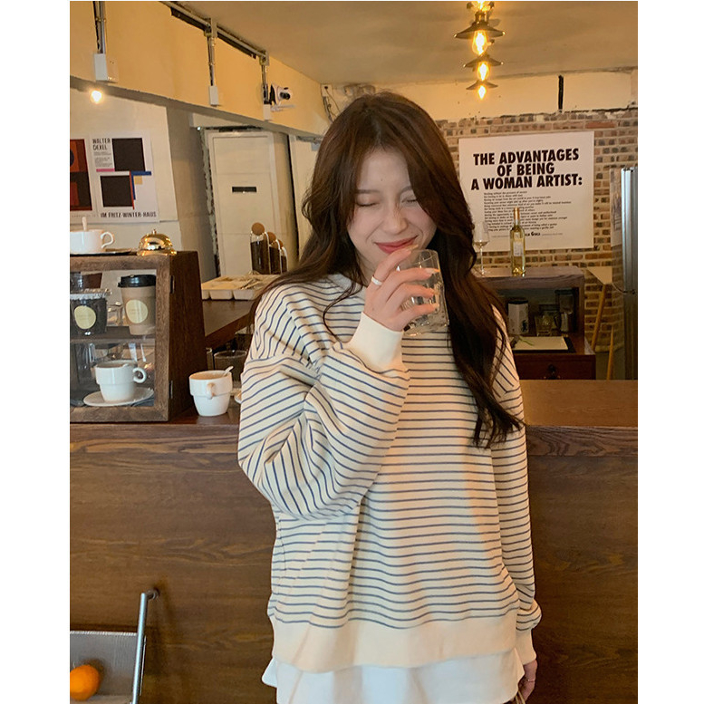 Áo SWT dài tay kẻ ngang unisex nam nữ đều mặc được, áo phông quốc dân Hàn Quốc ulzzang dày ấm vào thu đông 1STCLOTHES