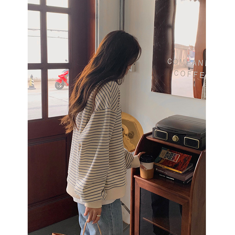 Áo SWT dài tay kẻ ngang unisex nam nữ đều mặc được, áo phông quốc dân Hàn Quốc ulzzang dày ấm vào thu đông 1STCLOTHES