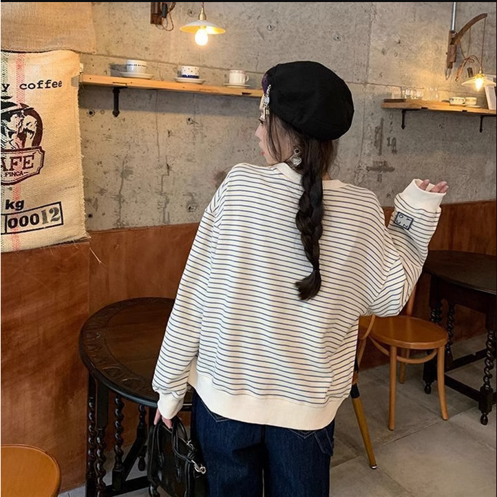 Áo SWT dài tay kẻ ngang unisex nam nữ đều mặc được, áo phông quốc dân Hàn Quốc ulzzang dày ấm vào thu đông 1STCLOTHES