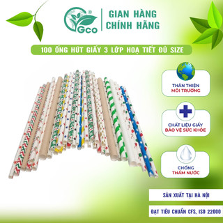 Ống Hút Giấy 3 Lớp In Họa Tiết Gco Đủ Size( 6,8,12mm) Giao Màu Ngẫu Nhiên(100 chiếc)