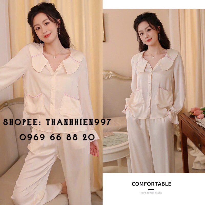 ❤️Hàng QC❤️Bộ ngủ lụa mặc nhà tay dài bánh bèo cổ sen LYLY_Thanhhien997_lụa satin cao cấp,vải mềm mịn mát 1030.
