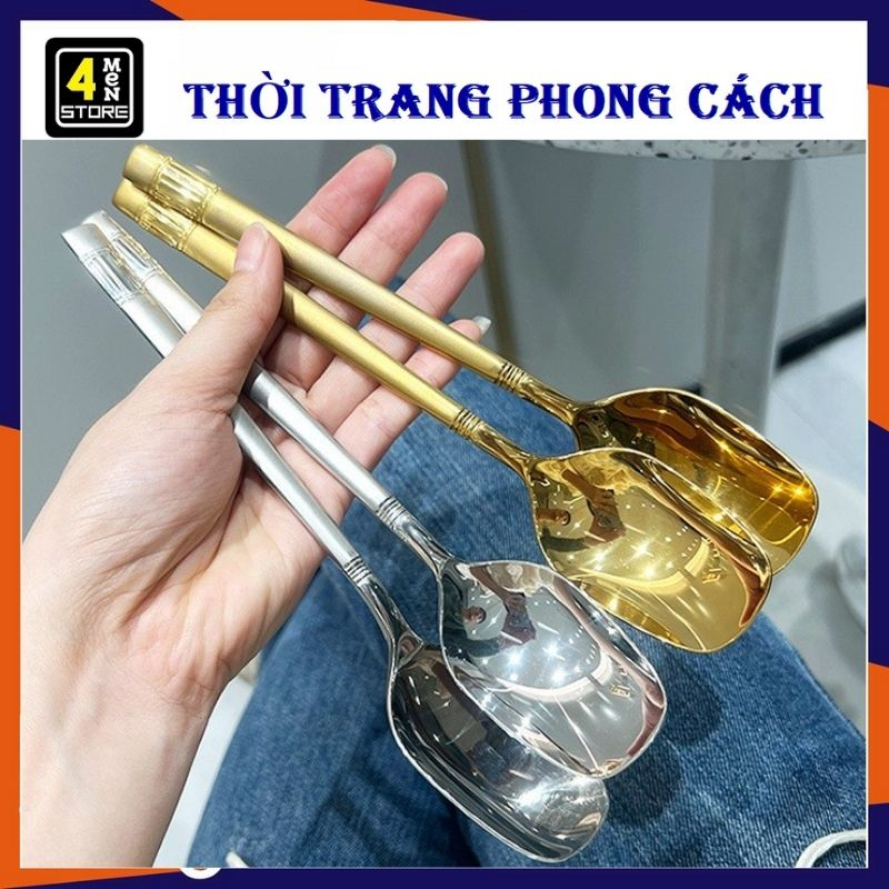Thìa INOX Ăn Cơm, Cháo Súp Cán Dài Đầu Vuông Màu Vàng - Bạc 19.5cm - Muỗng Ăn Cơm INOX Cán Dài Kiểu Hàn Quốc Sáng Trọng