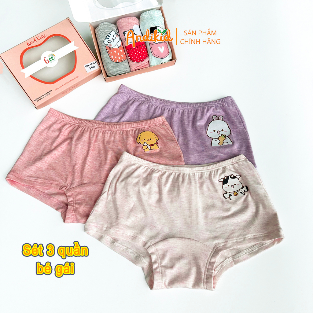 Quần chip bé gái Gee cao cấp, Quần lót đùi trẻ em thoáng mát mềm mịn co giãn họa tiết dễ thương, sét 3 quần
