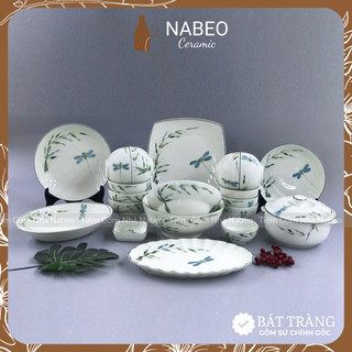 Bát Đĩa Bát Tràng Họa Tiết Chuồn Chuồn Xanh Cao Cấp, Bộ Đồ Ăn Đẹp - Gốm Sứ Bát Tràng