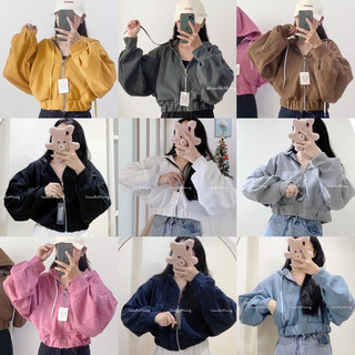 Áo khoác nỉ nữ croptop tay phồng form rộng chống nắng
