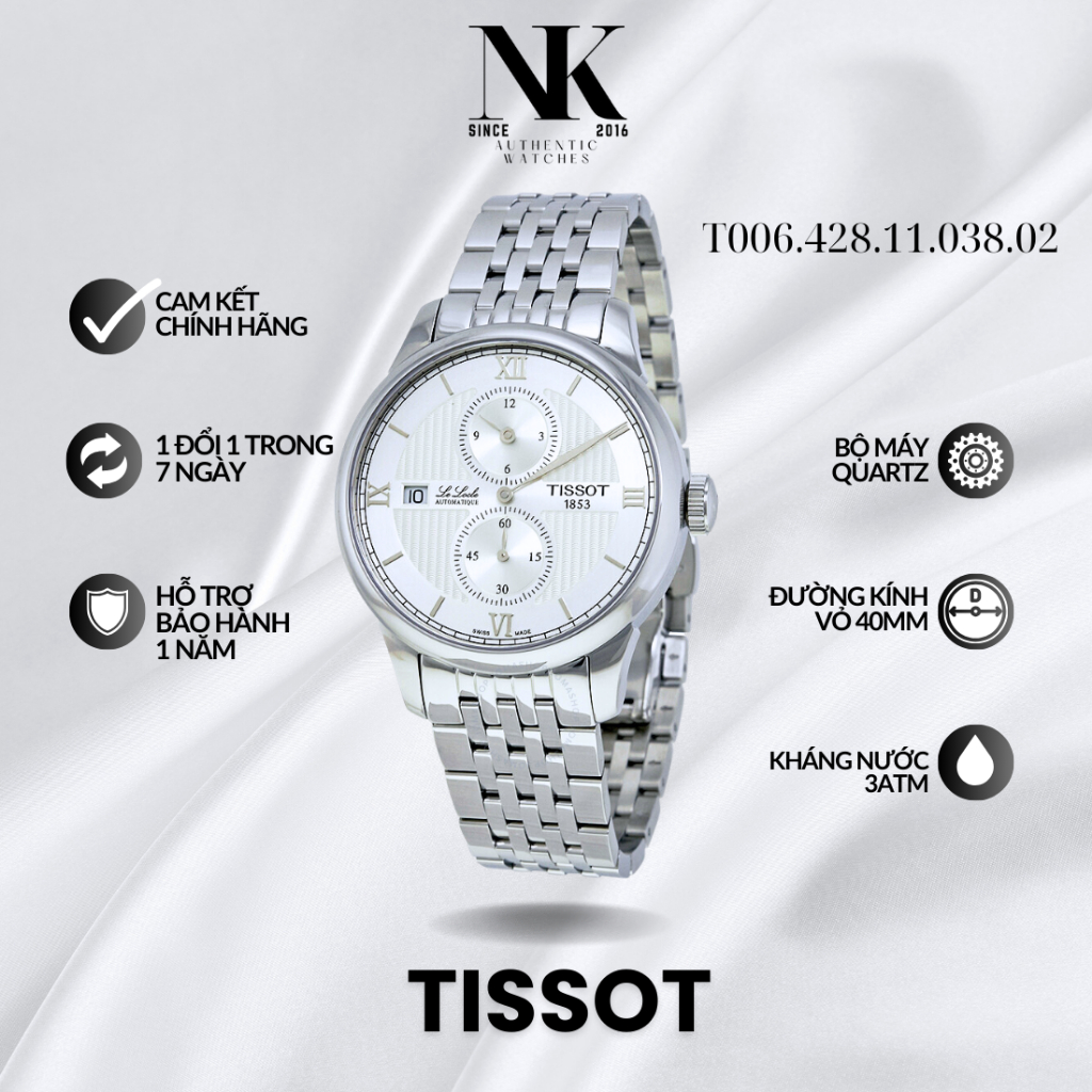 Đồng hồ TISSOT nam T006.428.11.038.02 40mm, mặt trắng, vỏ bạc, dây kim loại cao cấp