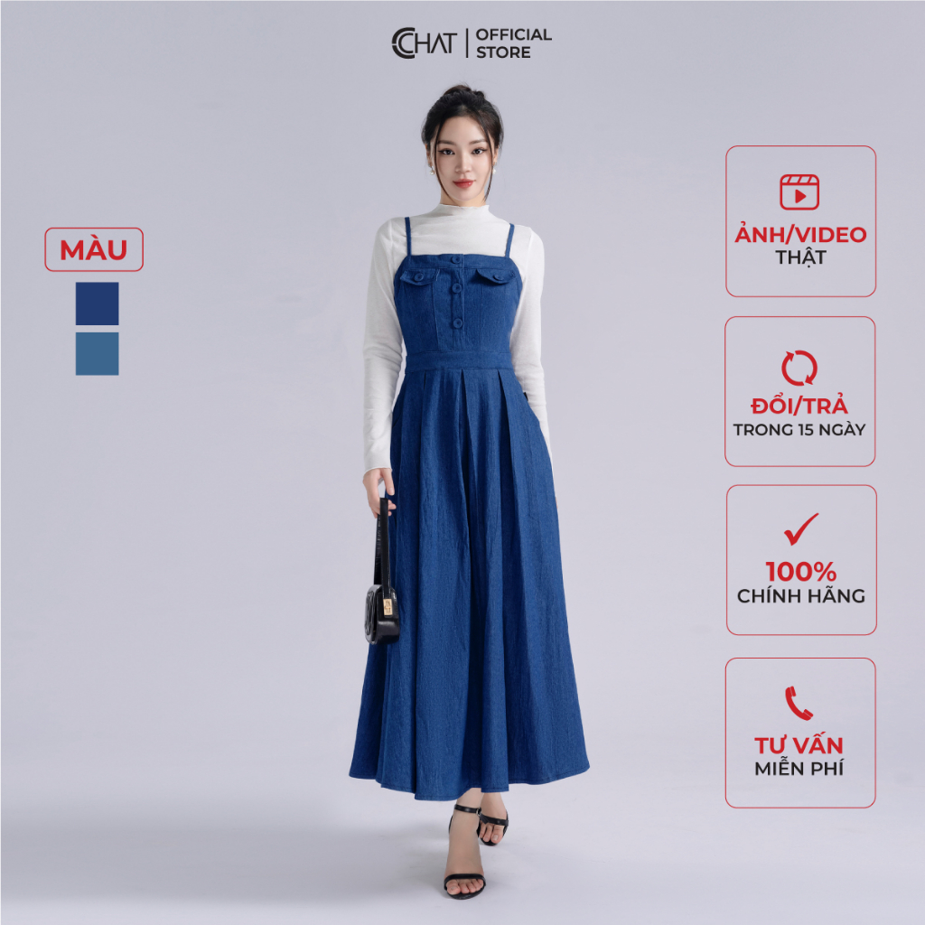 Set Đồ Nữ 𝐂𝐂𝐇𝐀𝐓 Đầm Jean Dáng Xòe Kèm Áo Cổ Leo Phong Cách Thanh Lịch 23BDJ8001XT