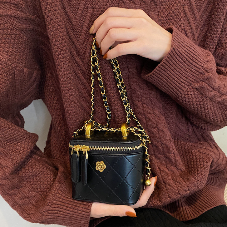 Túi xách đeo vai LUHAZO kiểu dây xích form nhỏ mini dáng hộp vuông da PU trám đính hoa trà Quảng Châu đẹp 28109 A-33