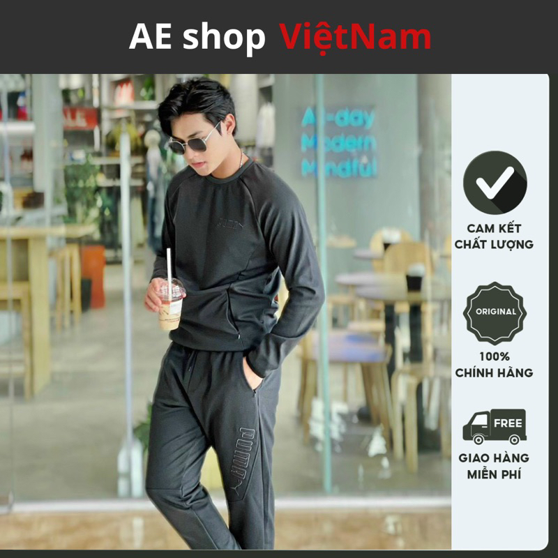Bộ Thu Đông Puma AE SHOP 662, Bộ Quần Áo Cổ Tròn Dài Tay Chất Nỉ Thể Thao Co Giãn 4 Chiều Logo Thêu