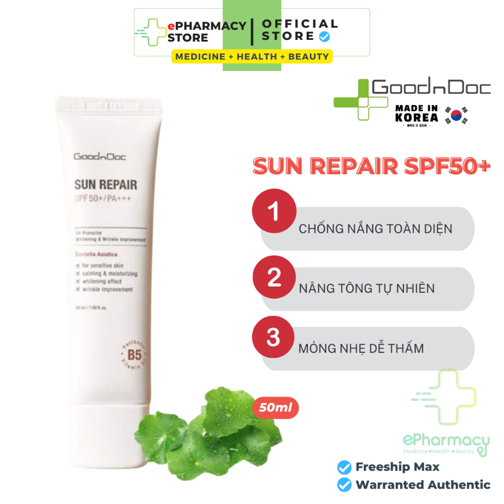 Kem chống nắng GoodnDoc Sun Repair SPF50+ PA+++ [50ml] dưỡng ẩm, phục hồi da