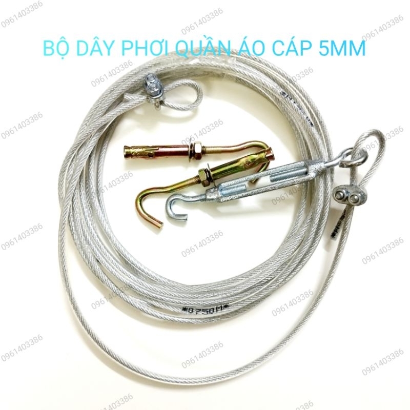 Bộ dây phơi quần áo Phi 5mm,2 khóa cáp 5mm, 1 tăng đơ 5, 2 nở móc sắt 6mm