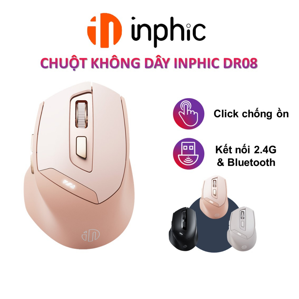 Chuột máy tính không dây Yindiao Inphic DR08 màu hồng cute dành cho nữ văn phòng game thủ tắt âm chống ồn silent