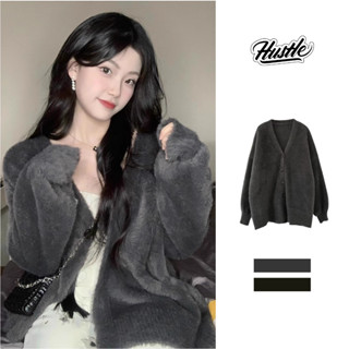 Áo Cardigan Lông Chồn Màu Xám Đen Form Oversize Cho Nữ, Áo Khoác Len Phủ Lông Form Rộng Chất Liệu Mềm Mịn Cao Cấp