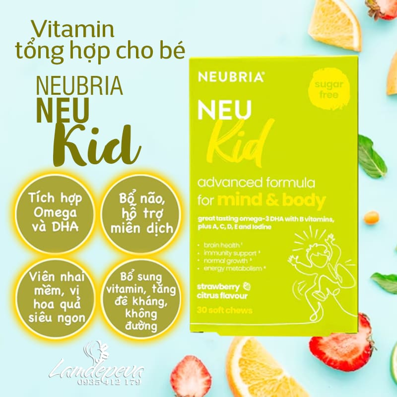 Kẹo vitamin tổng hợp cho bé Neubria Neu Kid của Anh 30 viên bổ sung Omega-3, DHA giúp phát triển não bộ và thị giác