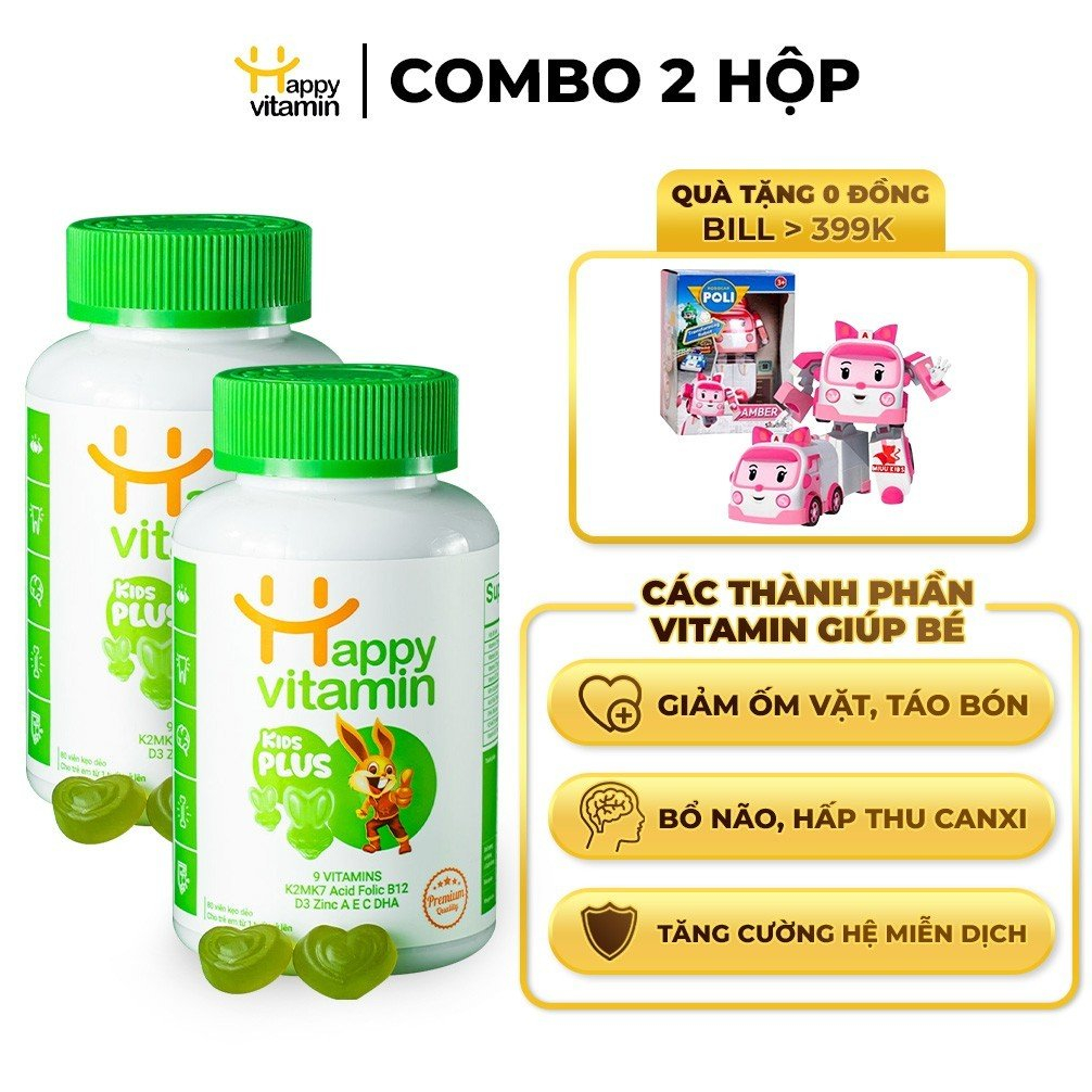 Combo 2 Kẹo dẻo Vitamin tổng hợp cho bé Kids Plus+ D3K2,A,B12,C,DHA  con ăn ngon, tăng đề kháng - Happy Vitamin