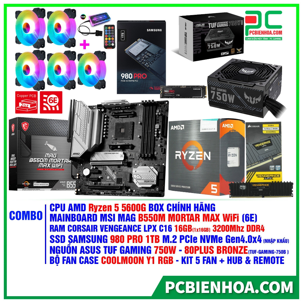 Combo AMD Ryzen 5 5600G B550M 16G 1T 750W- 36T